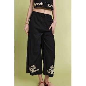 Fifteen Twenty Mason Rope Stitch Pants Embroidered Linen Wide Leg Black Size S